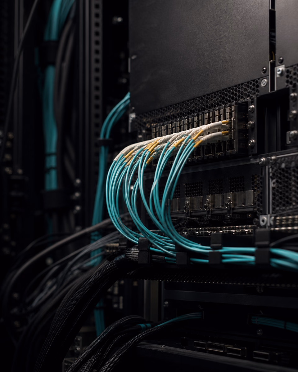 Fiber-optic network cables connected to backend infrastructure